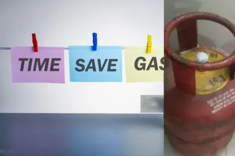 Kitchen gas stove with LPG cylinder demonstrating practical gas cylinder saving tips for efficient cooking and reduced gas consumption.