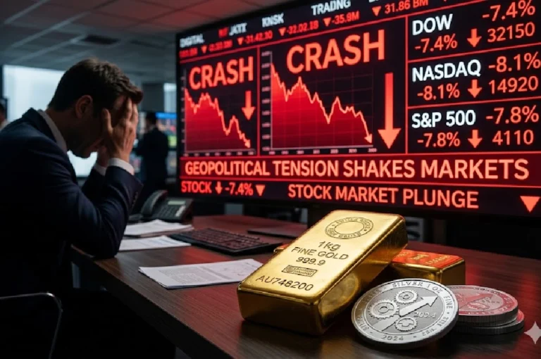 Sensex Crash Today: Dramatic stock market red downward graph representing a 1000 point Sensex crash with gold bars in the foreground symbolizing safe investments.