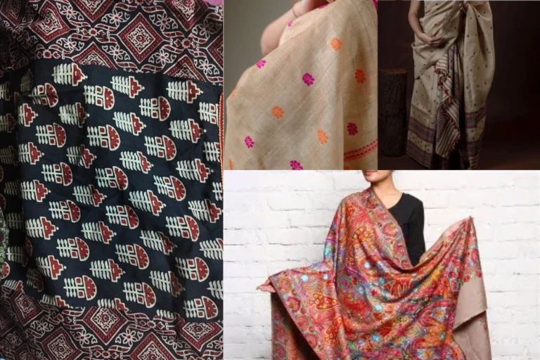Climate Change Impact on Indian Textiles showing Ajrakh print fabric, traditional Muga silk saree, and Kashmiri Pashmina shawl highlighting India’s heritage textile crafts.