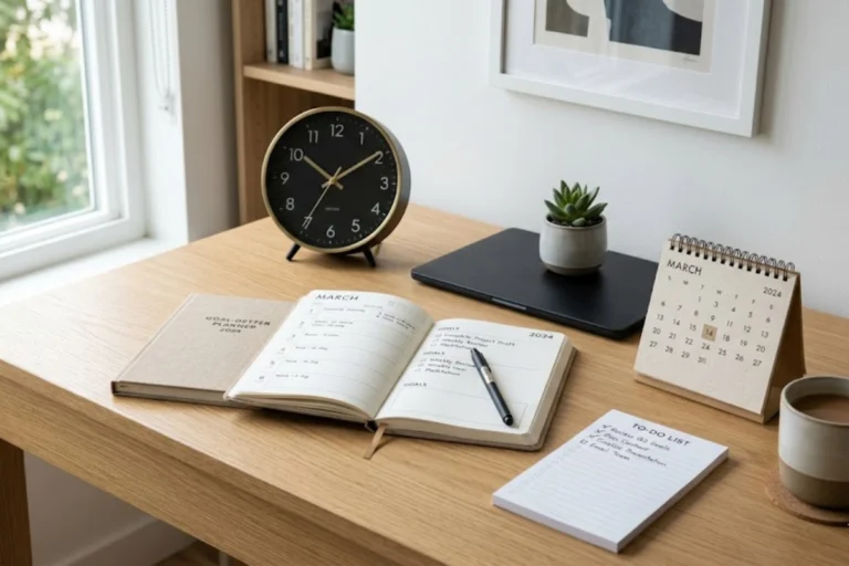 দিনের ২৪ ঘণ্টা বদলে দিতে পারে আপনার জীবন! জানুন, সময় ব্যবহারের এই সহজ কৌশল “time management tips concept with clock, planner, and daily schedule for productivity and success”