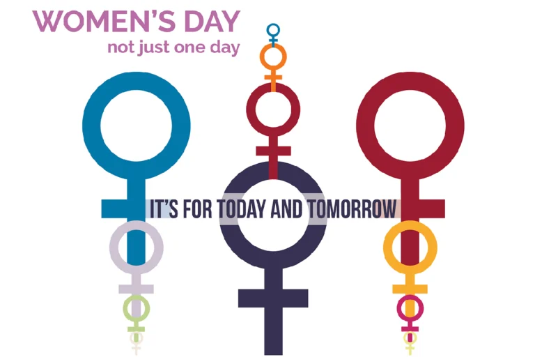 Classy strong confident woman quotes theme illustration for International Women’s Day with colorful female gender symbols representing women empowerment and strength.