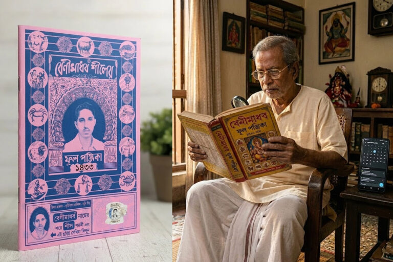 স্মার্টফোনের যুগেও অমলিন ‘বেণীমাধব’! কীভাবে জন্ম হলো বাঙালির এই অবিচ্ছেদ্য ‘পঞ্জিকা’-র? জানুন অজানা ইতিহাস Bengali Panjika: An elderly man reading a traditional Bengali Panjika alongside a modern smartphone