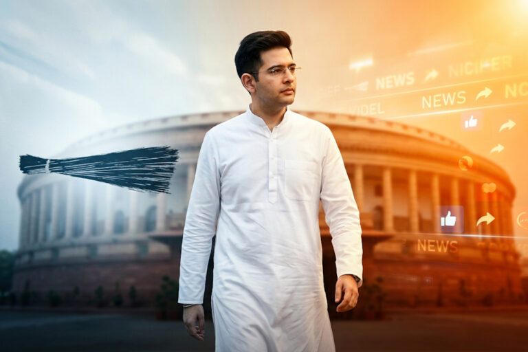 A conceptual image showing a major political shift as Raghav Chadha leaves AAP to join BJP with other MPs.