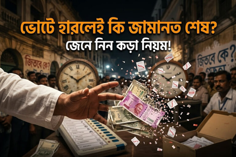 A dramatic representation explaining the Jamanat Bajeyapto Election Rule showing a defeated politician and an EVM