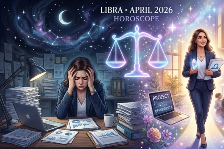 Libra April 2026 horoscope showing career stress, balance symbol, and future opportunities