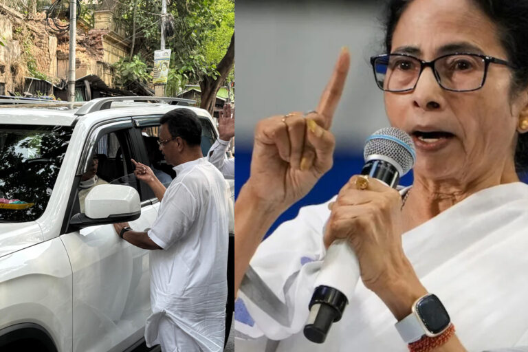 A tense Mamata Banerjee campaigning early morning in Bhabanipur while Suvendu Adhikari reacts, with central forces in the background