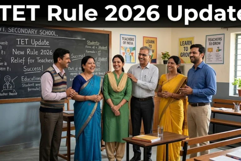 টেট না দিলেও থাকবে চাকরি, টেট নিয়মে বড় বদল, বড় স্বস্তির খবর শিক্ষকদের জন্য WB Teachers TET Rule 2026 update illustrating relieved teachers in a classroom environment after removal of mandatory TET requirement for existing educators, ensuring job security, promotion continuity, and retirement benefits.