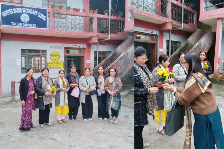 Women polling personnel being welcomed with flowers and tilak at a polling station in Darjeeling.