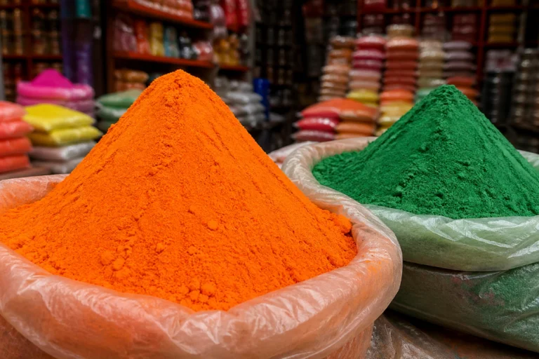 Saffron Abir Stock Out West Bengal showing empty shelves for saffron colored abir in Kolkata Burrabazar market while green abir remains unsold in bulk sacks