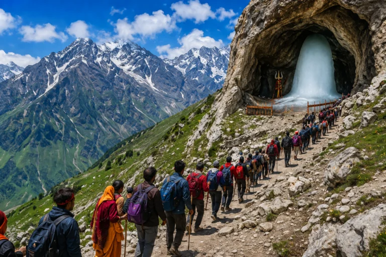 Amarnath Yatra Registration 2026 pilgrims trekking to Amarnath cave