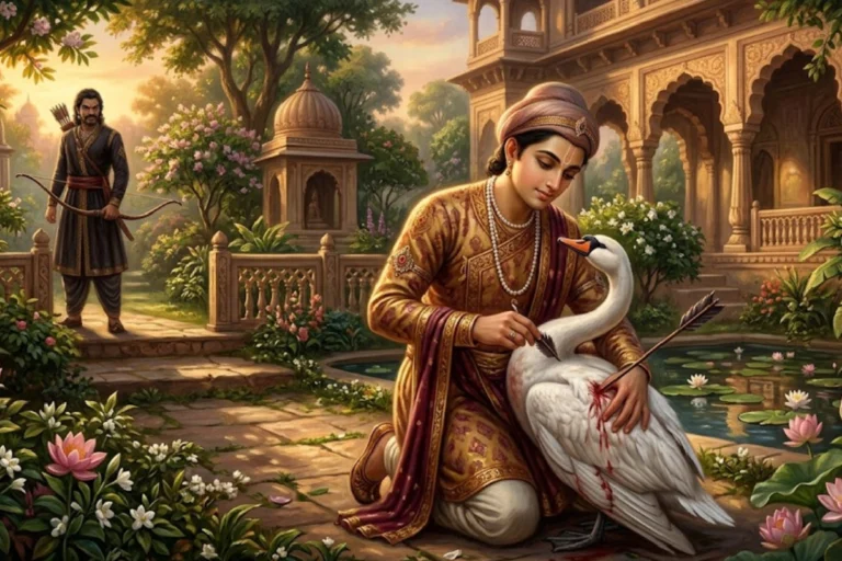 Buddha Swan Story showing Siddhartha saving injured swan from arrow