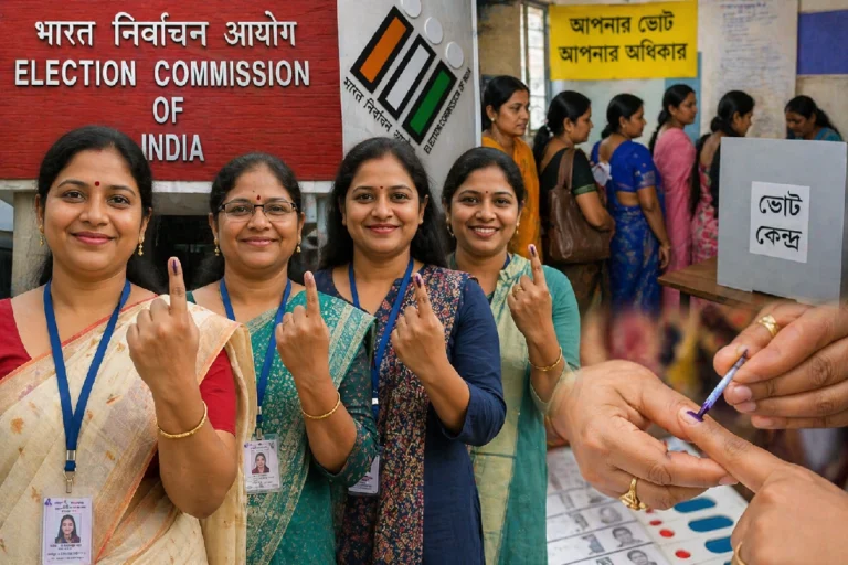 Women Poll Workers West Bengal Election 2026 showing female staff managing polling booths with safety and health support facilities