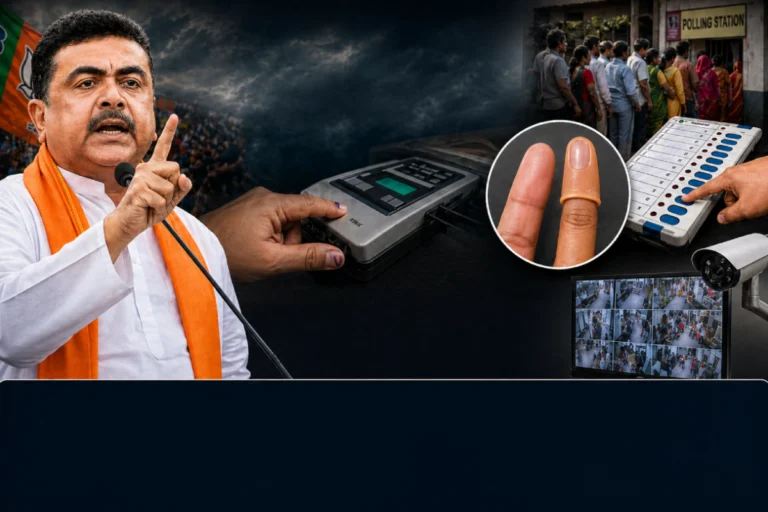Fake finger voting fraud claim in West Bengal Election 2026 with biometric verification and EVM process illustration