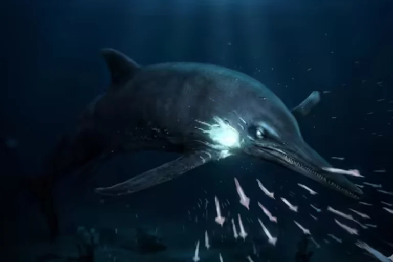 rare ichthyosaur fossil anatomy research showing well preserved marine reptile skeleton with skull and fins in detailed excavation site