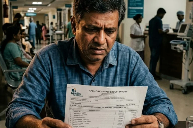 An conceptual image depicting the heavily inflated prices of medical devices for patients in Indian hospitals.