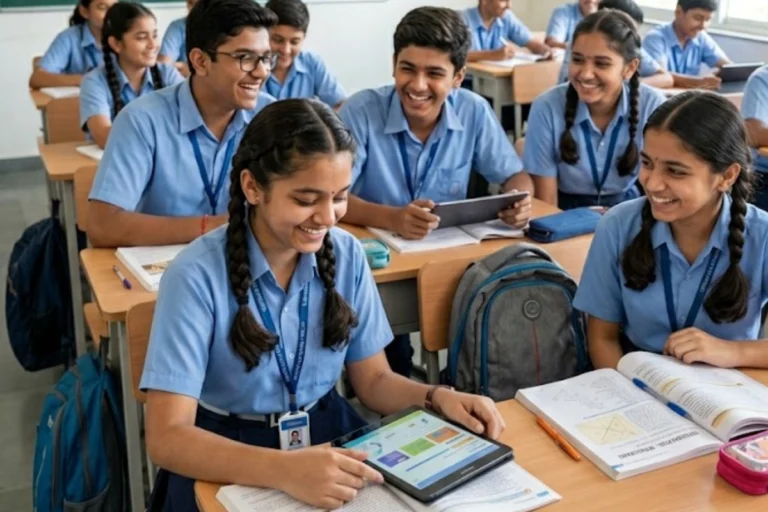 :** Indian school students feeling happy and relieved due to the new ICSE and ISC syllabus changes and reduced exam pressure.