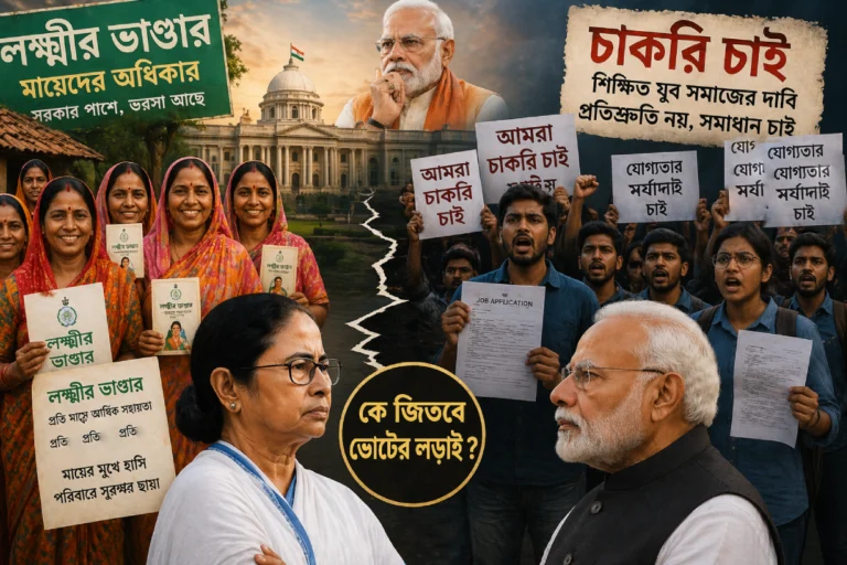 Lakshmir Bhandar vs Jobs Issue Bengal 2026 showing women beneficiaries and unemployed youth in political contrast