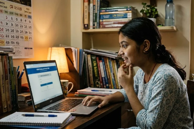 A student eagerly waiting to check the West Bengal Madhyamik Result 2026 on a laptop.