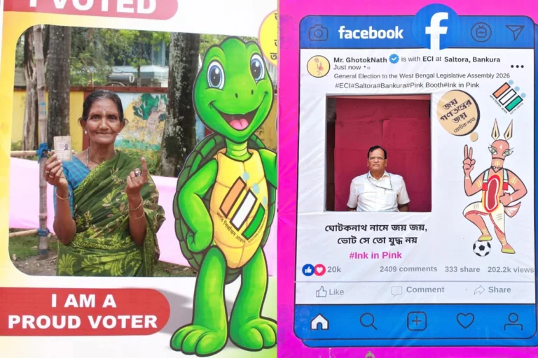 election booth mascot India attracting voters with colorful characters at polling station