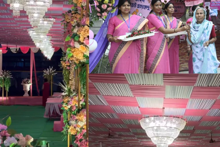 Model Polling Booth West Bengal 2026 decorated with flowers lights and selfie zone attracting voters