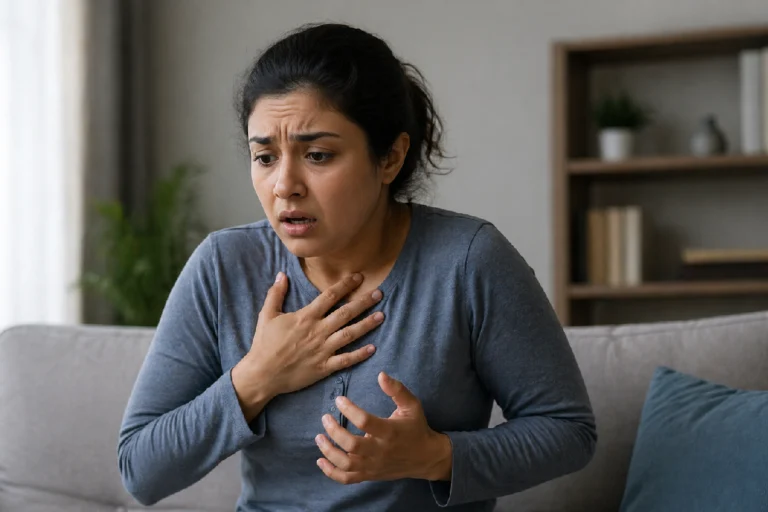Panic attack symptoms showing a person experiencing anxiety and breathing difficulty