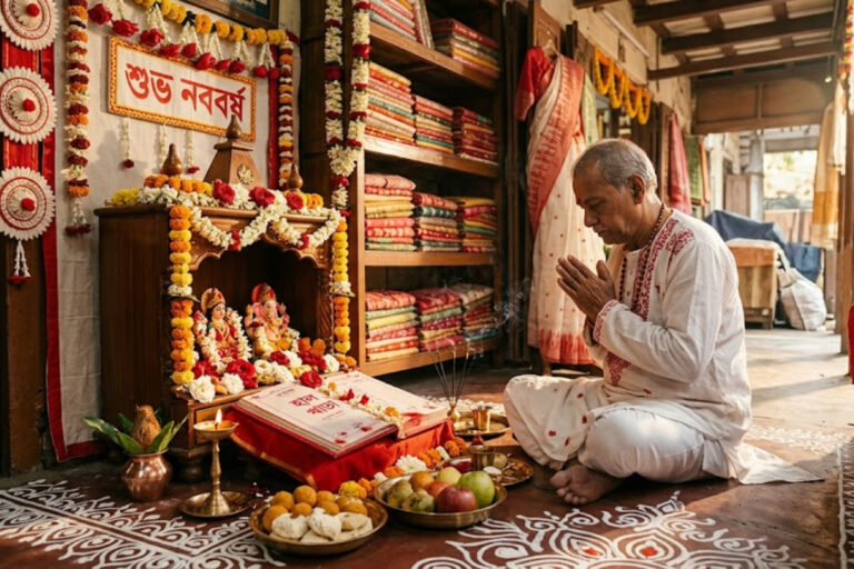 পয়লা বৈশাখে হালখাতা কেন খোলা হয়? জানুন চমকপ্রদ অজানা ইতিহাস Hal Khata Tradition celebration with Bengali New Year red ledger book, Lakshmi Ganesh puja setup, Poila Boishakh decorations