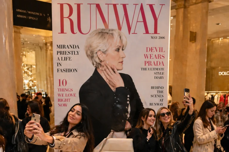 Visitors taking photos at The Devil Wears Prada fashion pop up installation in Milan.