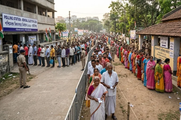 Bengal election 2026 record voting showing long queues of voters peacefully waiting outside polling booths under tight security in West Bengal