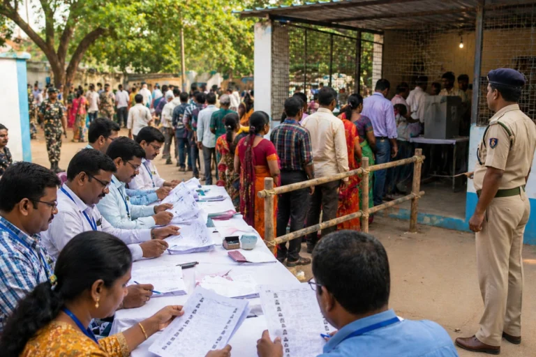 West Bengal Election 2026 Voting Rules scene showing voters approaching polling booth under security presence and surveillance