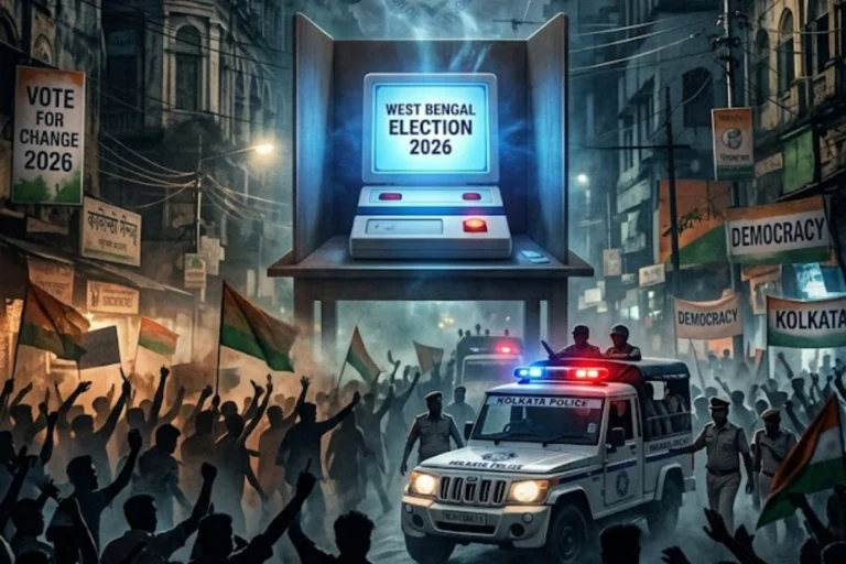 • : A dramatic representation of West Bengal Election 2026 showing political tension, EVM, and administrative control in Kolkata.