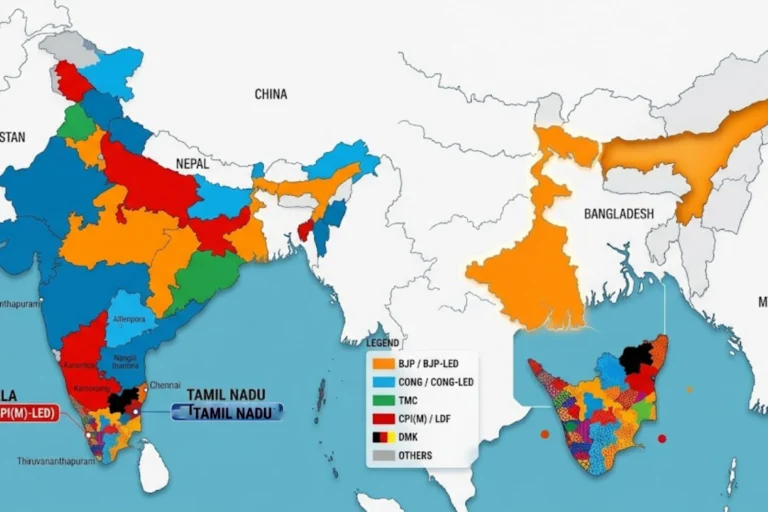 India Election Results 2026: Map of India highlighting election results 2026 across West Bengal, Assam, Kerala, Tamil Nadu and Puducherry with party-wise seat distribution