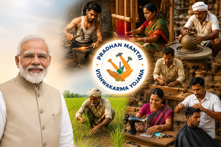 Pradhan Mantri Vishwakarma Yojana poster featuring Prime Minister Narendra Modi alongside traditional Indian artisans including blacksmiths, weavers, potters, farmers, carpenters, tailors, and barbers symbolizing skill development and traditional craftsmanship empowerment.
