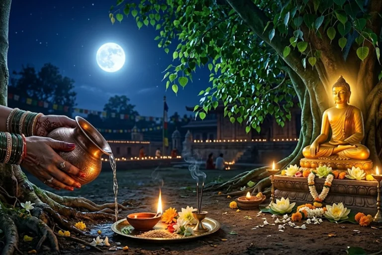Traditional rituals of offering water to Peepal tree and lighting lamp on Buddha Purnima full moon night