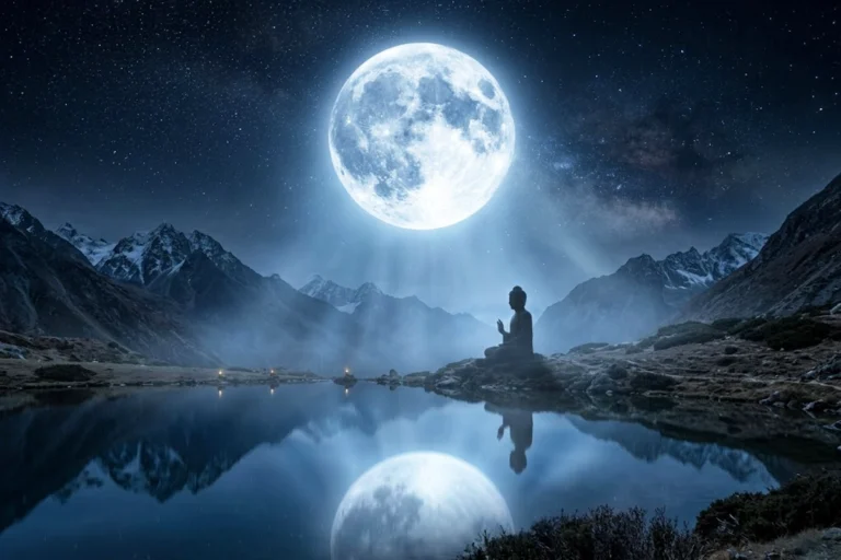 Ethereal full moon glowing over meditating Buddha in the Himalayas representing the Miracle Night of Buddha Purnima
