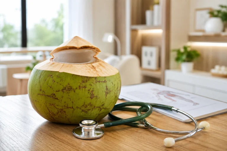 Side Effects of Coconut Water explained through a fresh green coconut and a stethoscope on a wooden table