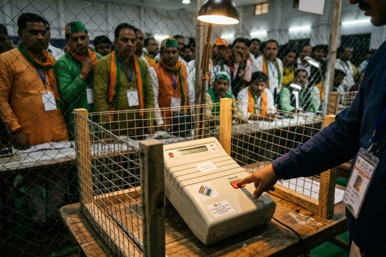 Election official pressing the result button on an EVM during the West Bengal Assembly Election vote counting process
