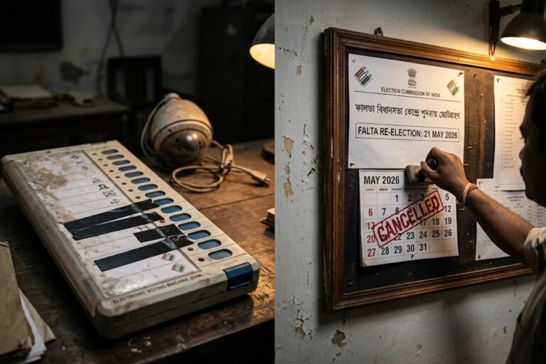 Falta Re Poll on 21 May EVM tampering. EVM symbols covered with tape leading to Falta Re-election 2026 ordered by the Election Commission
