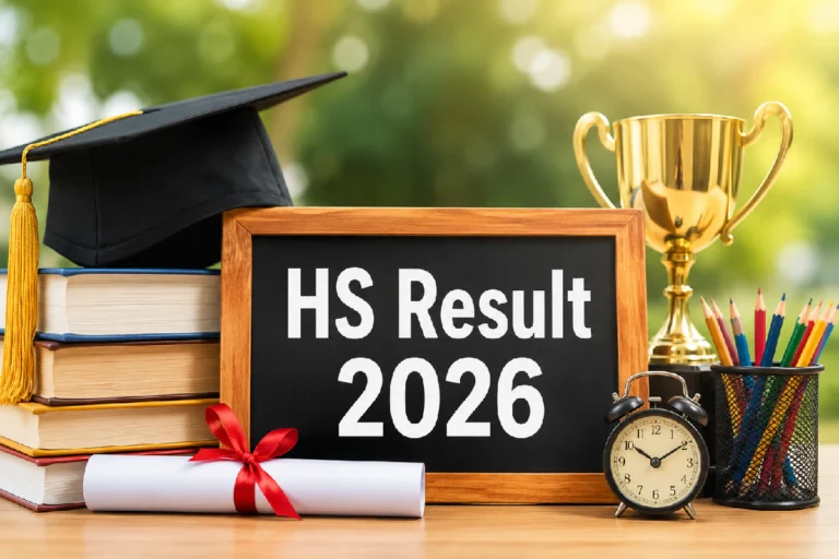 WBCHSE HS Result 2026: HS Result 2026 written on a blackboard beside graduation cap, books, trophy, diploma, and alarm clock representing higher secondary exam results celebration.
