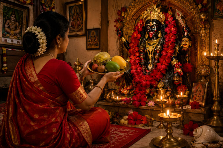 A devotee offering summer fruits to Goddess Kali following proper Bengali Hindu rituals on the auspicious night of Phalaharini Amavasya 2026.