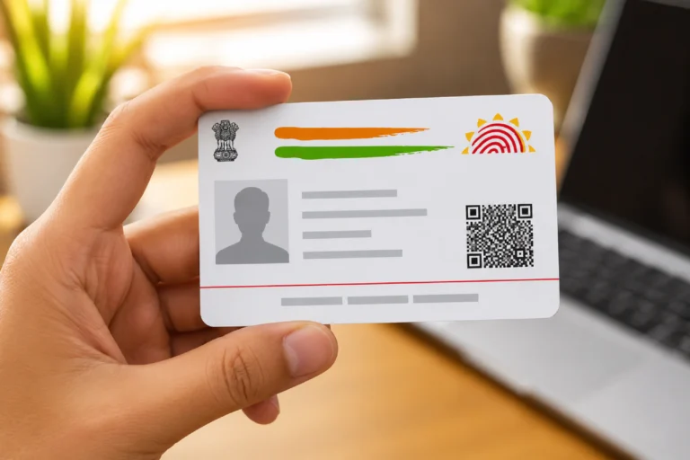 Aadhaar Card Update 2026 concept image showing a person holding an Aadhaar identity card with laptop background for online update process.