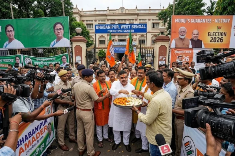BJP workers distributing sweets outside counting center during Bhabanipur Election Result 2026, creating speculation about early leads.