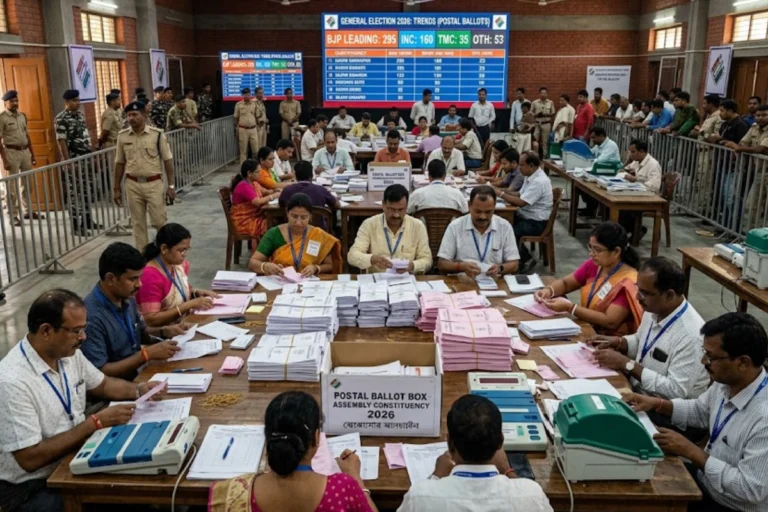 Election officials counting ballots during Postal Ballot Result 2026 inside a secure counting center, showing early trends and stacks of postal votes being verified carefully.