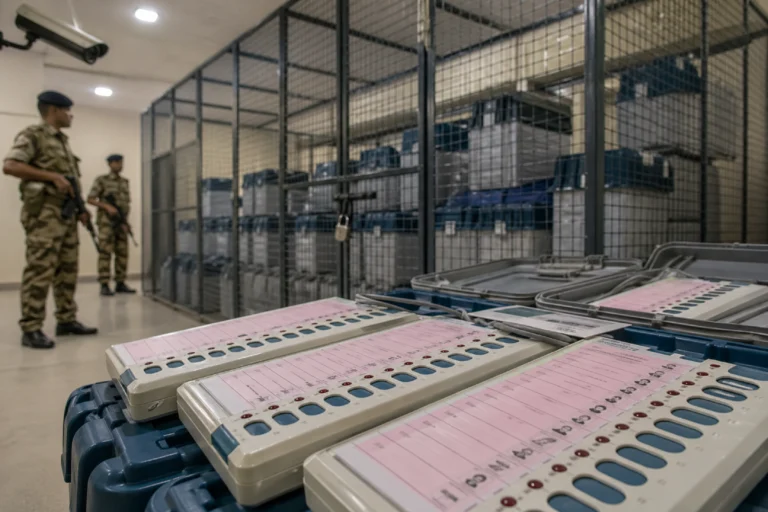 EVM Tampering Controversy showing voting machine and strong room security during elections