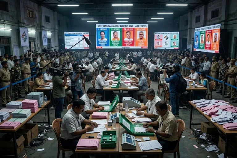 Election officials counting votes during West Bengal Hotspot Election Result 2026, showing early leads of key candidates in major constituencies.
