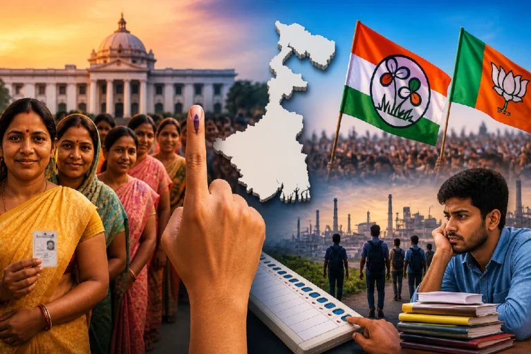 West Bengal Election 2026 key issues showing voters, political campaigns and debate over welfare schemes employment and voter concerns