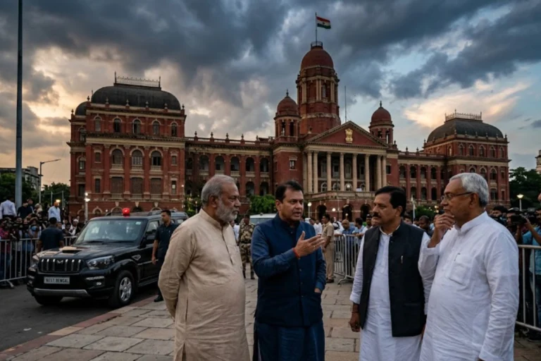 West Bengal New Government Minister List 2026 concept showing leaders in front of West Bengal Assembly during cabinet formation discussions