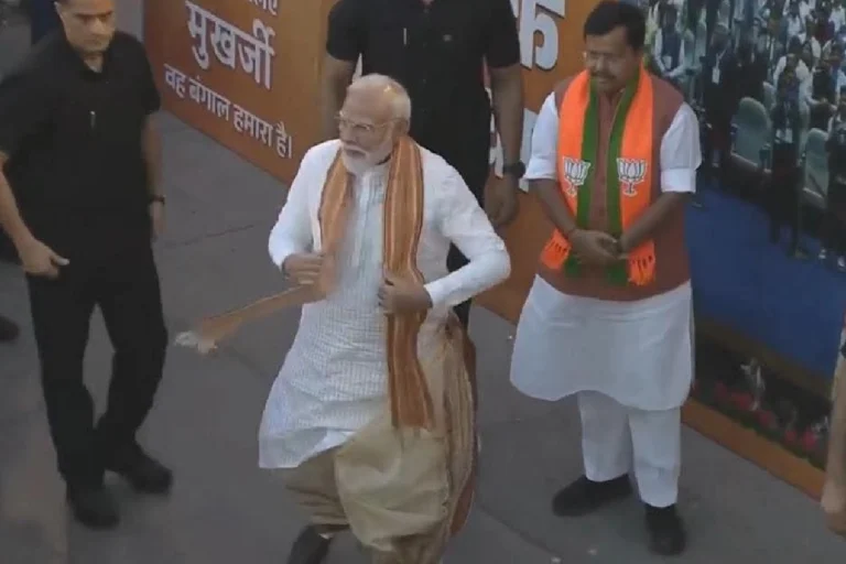 Narendra Modi in traditional Bengali attire at BJP headquarters after West Bengal victory