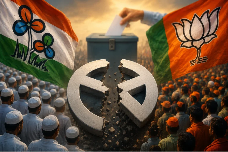 West Bengal Election 2026 Muslim Vote Split showing divided voter groups and symbolic political competition between major parties