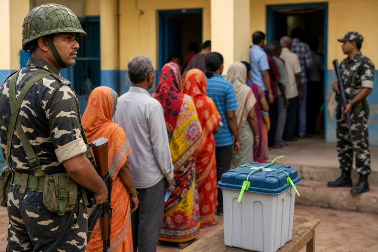West Bengal election repoll booths with security forces and voters queue during re-voting process