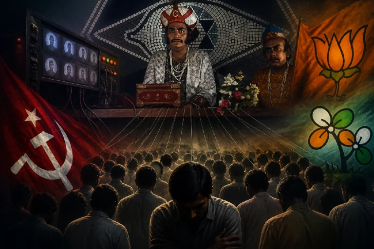 Hirak Rajar Deshe political meaning showing propaganda, media control and silent society in modern politics inspired by Satyajit Ray film
